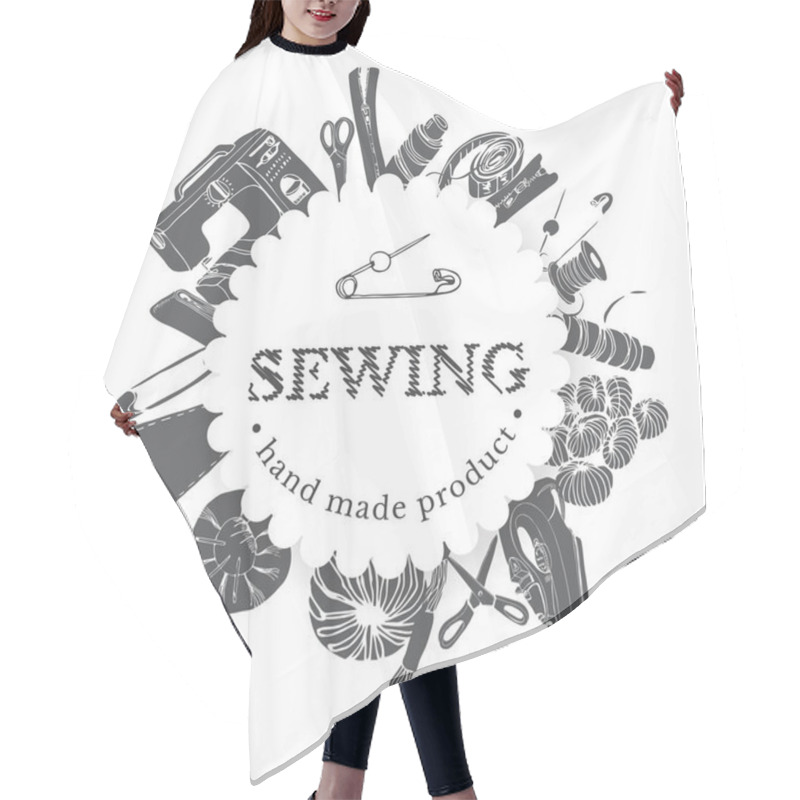 Personality  Circle Composition With Inverted  Items For Sewing. Hand Drawn Monochrome Sketch Of Different Elements Isolated On White Background. Hair Cutting Cape