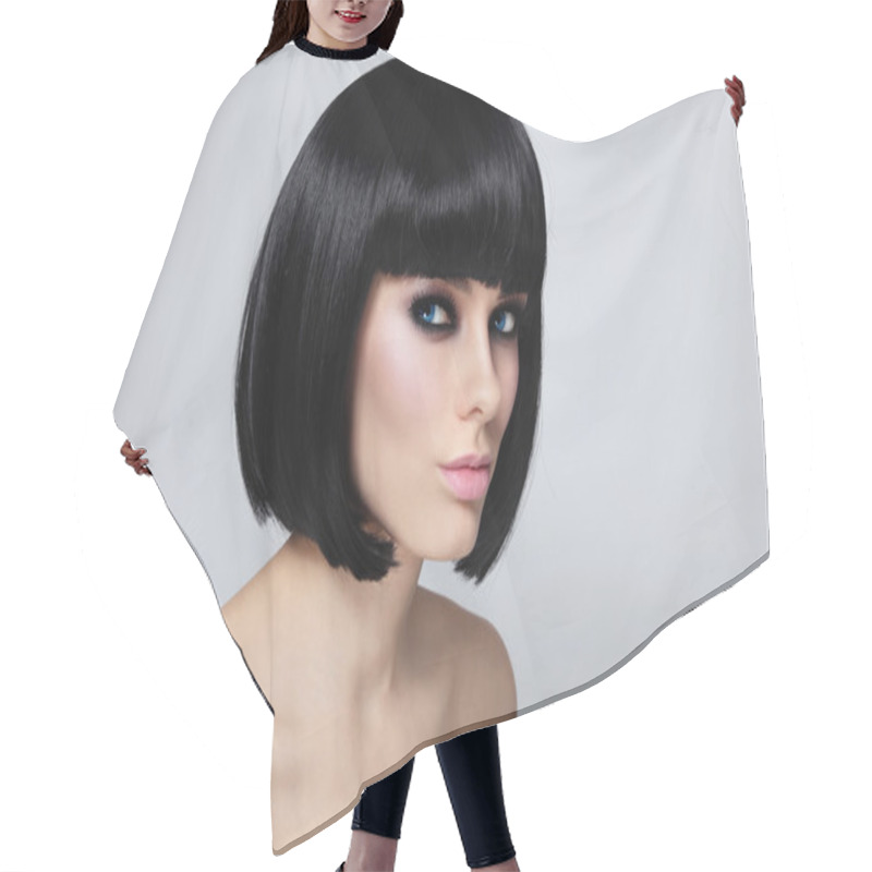 Personality  Woman With Stylish Bob Haircut Hair Cutting Cape