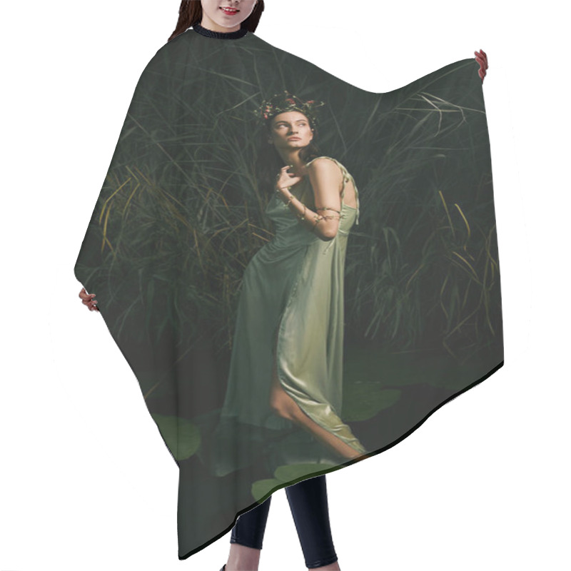 Personality  A Woman Wearing A Green Dress Poses Near A Swamp At Dusk. Hair Cutting Cape