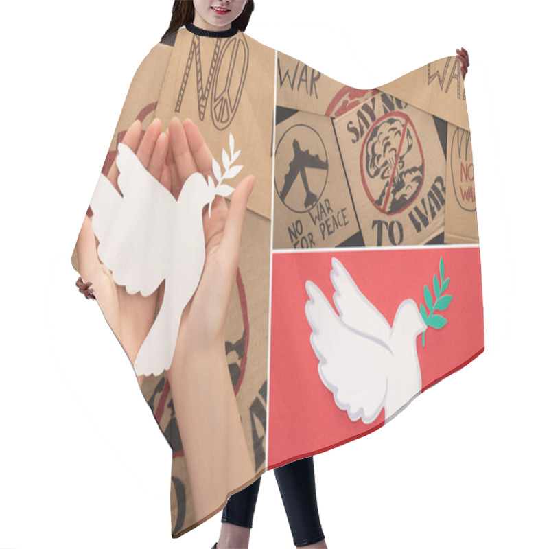 Personality  Collage Of Female Hands, Cardboard Placards With No War Lettering And White Paper Dove On Red Background Hair Cutting Cape