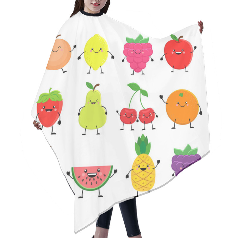 Personality  Funny Cartoon Set Of Different Fruits. Smiling Peach, Lemon, Man Hair Cutting Cape