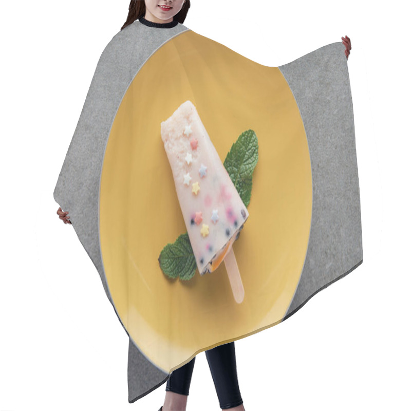 Personality  Top View Of Delicious Fruity Popsicle With Green Mint Leaves On Yellow Plate On Grey  Hair Cutting Cape