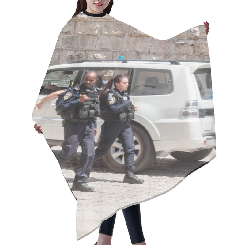 Personality  Two Policemen Patrol The Streets In The Old City Of Jerusalem, Israel. Hair Cutting Cape