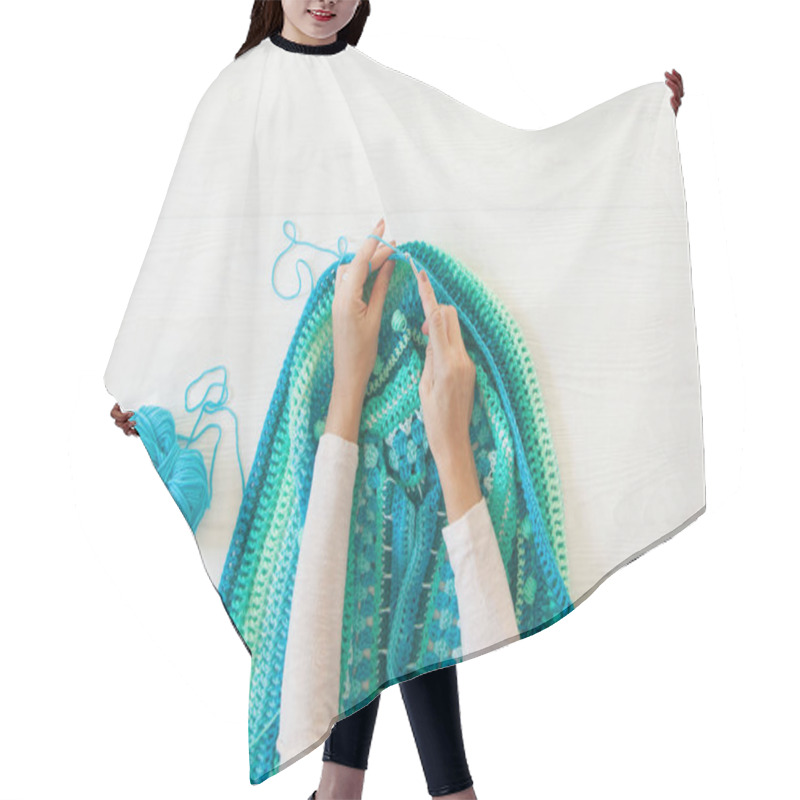 Personality  Women's Hands Are Large. Woman Crochets. Yarn Of Green, Turquois Hair Cutting Cape