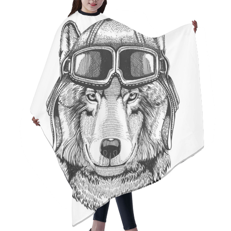 Personality  Wolf Dog Aviator, Biker, Motorcycle Hand Drawn Illustration For Tattoo, Emblem, Badge, Logo, Patch Hair Cutting Cape