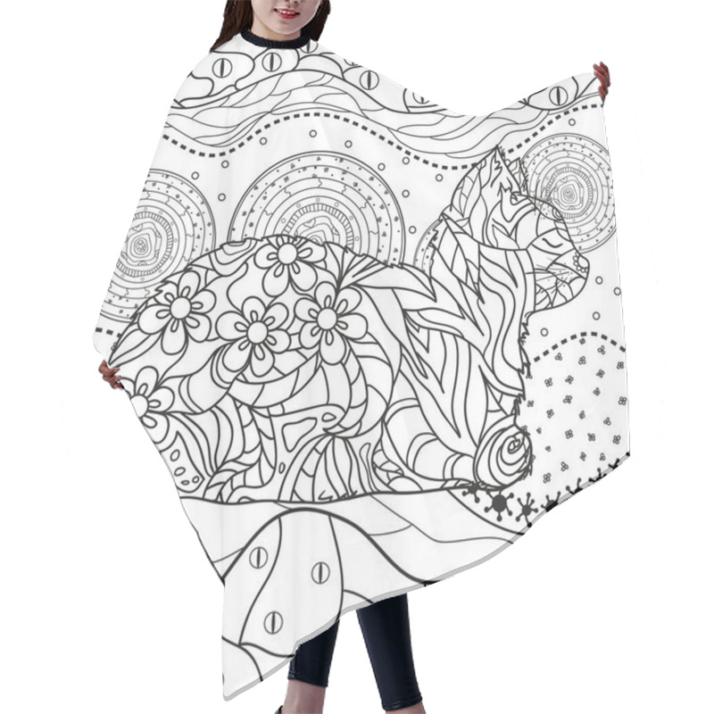 Personality  Abstract Eastern Pattern With Cat On Isolated White. Zentangle. Hand Drawn Abstract Patterns On Isolation Background. Design For Spiritual Relaxation For Adults. Black And White Illustration Hair Cutting Cape