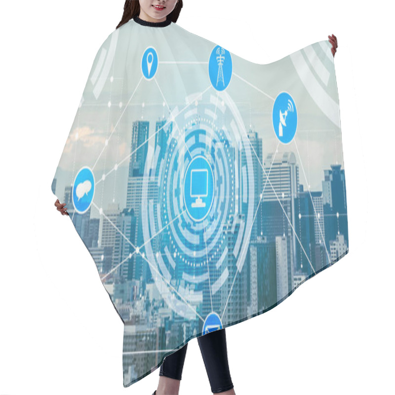 Personality  Smart City Wireless Communication Network With Graphic Showing Concept Of Internet Of Things ( IOT ) And Information Communication Technology ( ICT ) Against Modern City Buildings In The Background. Hair Cutting Cape