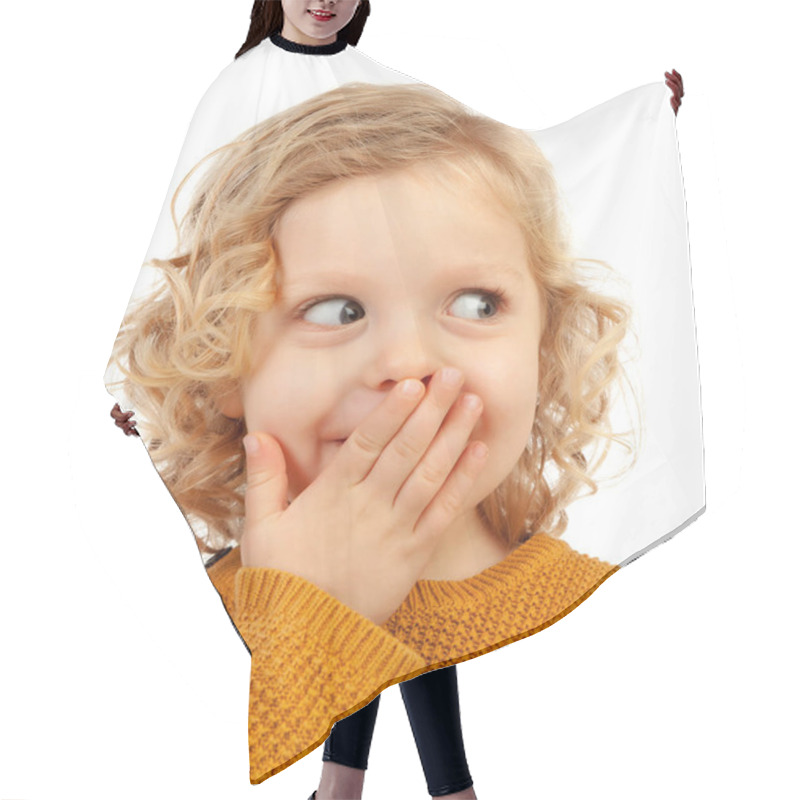 Personality  Portrait Of Happy Little Child With Long Blond Hair Covering Mouth Isolated On White Background Hair Cutting Cape