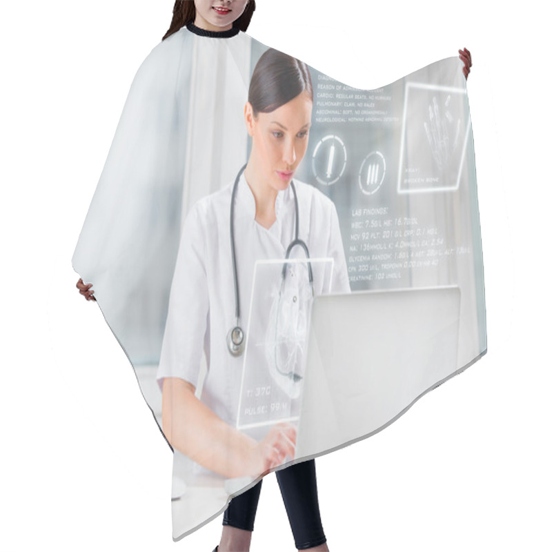 Personality  Pretty Female Medicine Doctor Working With Modern Computer Inter Hair Cutting Cape