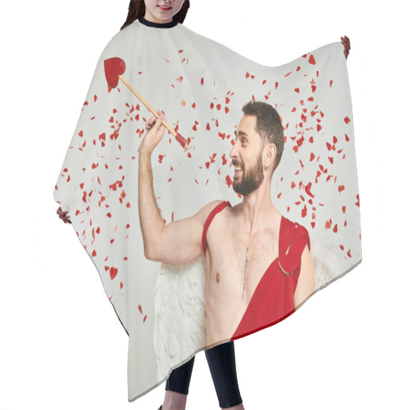 Personality  Cheerful Bearded Cupid Man With Heart-shaped Arrow Under Red Confetti On Grey, St Valentines Day Hair Cutting Cape