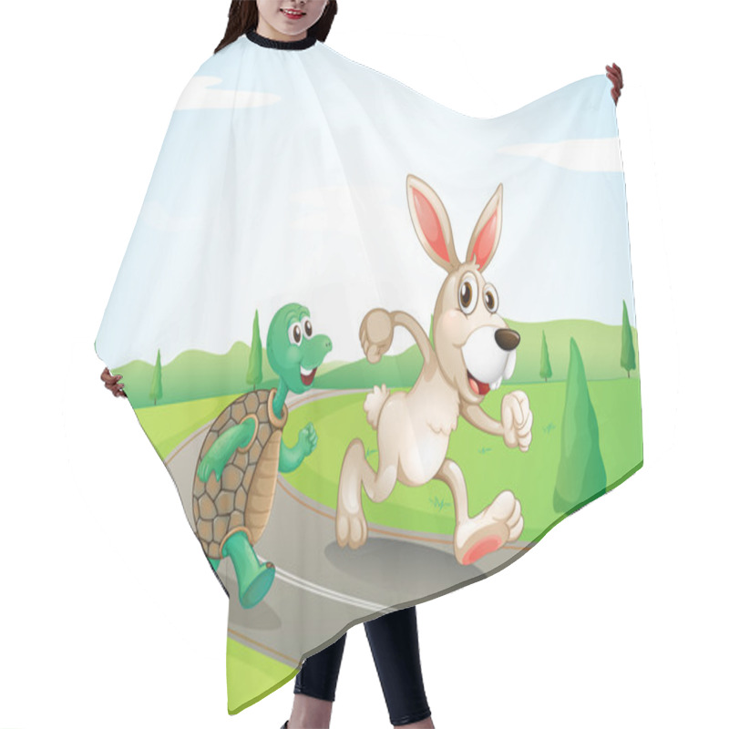 Personality  A Bunny And A Turtle Running Along The Road Hair Cutting Cape