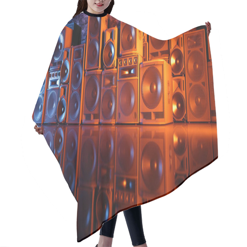 Personality  Speaker System On A Black Background In Blue And Orange Lighting, 3d Illustration Hair Cutting Cape