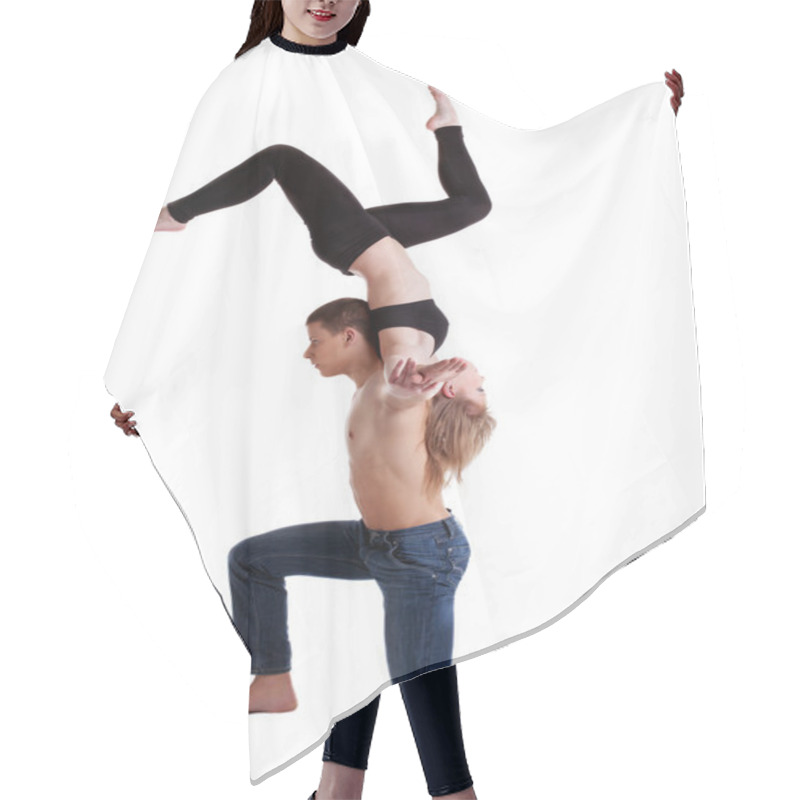 Personality  Two Young Acrobats Show Stand On Hand Hair Cutting Cape