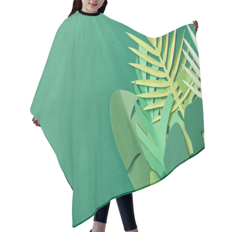 Personality  Top View Of Tropical Paper Cut Palm Leaves On Green Background With Copy Space Hair Cutting Cape