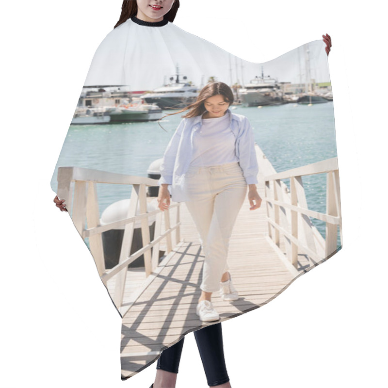 Personality  Full Length Of Smiling Woman In Blue Shirt And White Pants Walking On Pier In Seaport Hair Cutting Cape