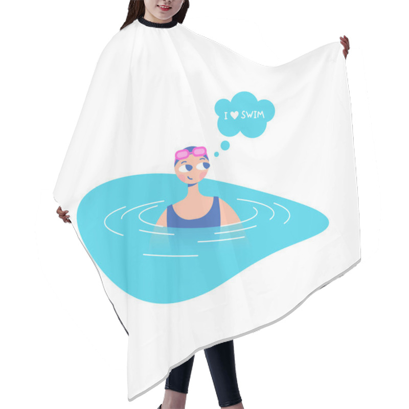 Personality  An Athlete Swimmer In A Swimsuit, Swimming Goggles And A Hat Is In The Water In The Pool. Bubble With The Text 