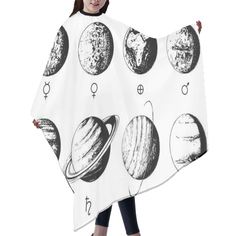 Personality  Hand Drawn Illustration Of Eight Planets With Icons Hair Cutting Cape