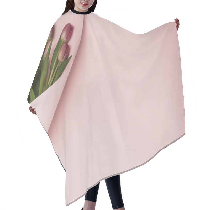 Personality  Top View Of Purple Tulips Wrapped In Paper Swirl On Pink Background Hair Cutting Cape