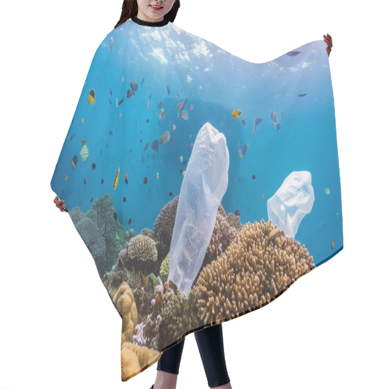 Personality  Closeup Sea Coral Reefs With Plastic Bags Swimming In An Ocean On Blurred Of Small Fish. Ocean Plastic Pollution Awareness Concept Hair Cutting Cape