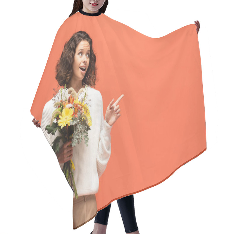 Personality  Excited Woman In Autumnal Outfit Holding Bouquet Of Flowers And Pointing With Finger Isolated On Orange Hair Cutting Cape