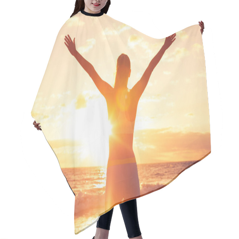 Personality  Happy Free Woman At Sunset On The Beach Hair Cutting Cape