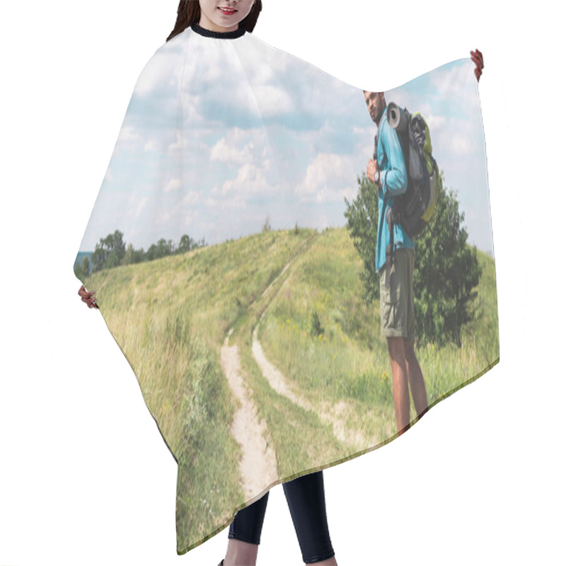 Personality  Traveler With Backpack Walking On Path On Green Meadow Hair Cutting Cape