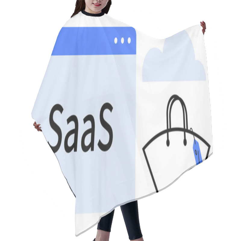 Personality  SaaS Platform Window With Blue Header Beside A Shopping Bag With A Price Tag And A Cloud. Ideal For Cloud Technology, E-commerce, Software, Digital Marketing, Online Business, Data Storage, User Hair Cutting Cape