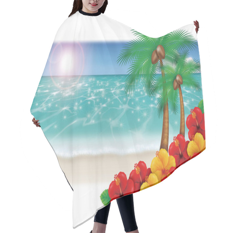 Personality  Illustration Of The Sandy Beach. / Palm Trees And Hibiscus. Hair Cutting Cape