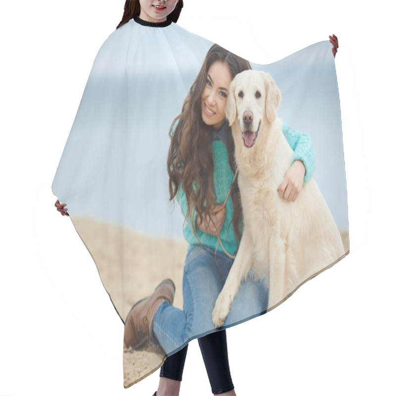 Personality  Portrait Of Beautiful Young Woman Playing With Dog On The Sea Shore Hair Cutting Cape