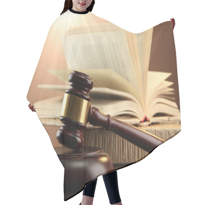 Personality  Wooden Gavel And Books On Wooden Table,on Brown Background Hair Cutting Cape