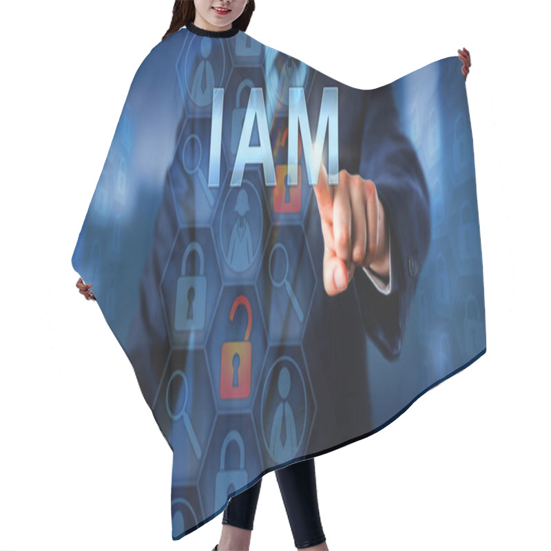 Personality  Security Manager Is Pushing IAM On A Touch Screen Interface. Information Technology Security Concept For Identity And Access Management That Is Controlling Access Rights To Data Resources. Hair Cutting Cape