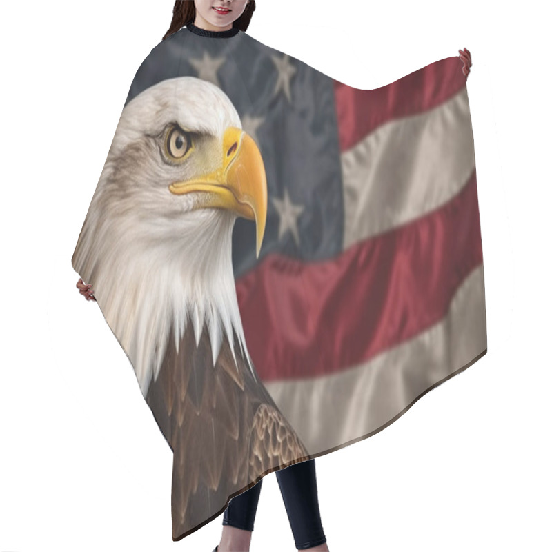 Personality  Bald Eagle And American Flag With Copy Space. Hair Cutting Cape