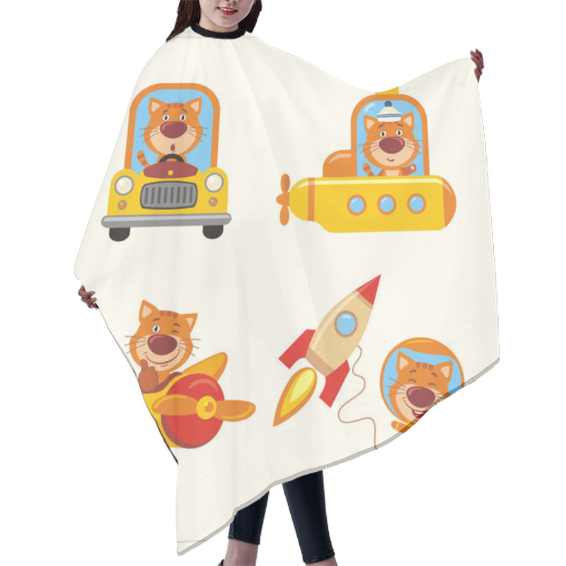 Personality  Set Of Funny Cats In Airplane And Submarine In Car And Space Rocket In Cartoon Style  Hair Cutting Cape