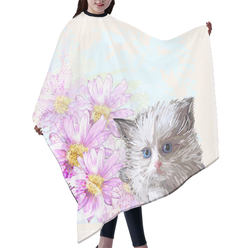 Personality  Birthday Card With Little Fluffy Kitten And Gerberas Hair Cutting Cape