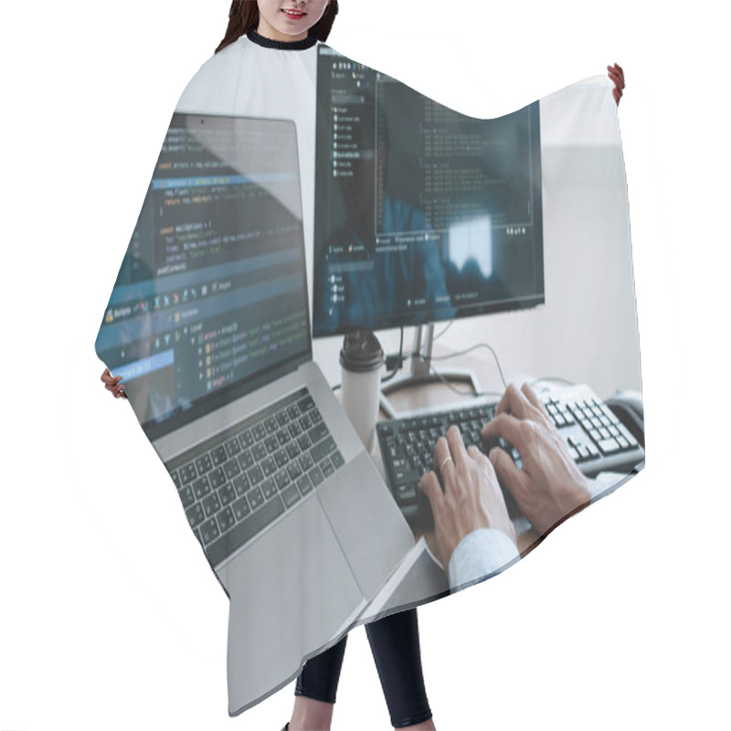 Personality  Programmer Typing Code On Desktop Computer, Developing Programmi Hair Cutting Cape