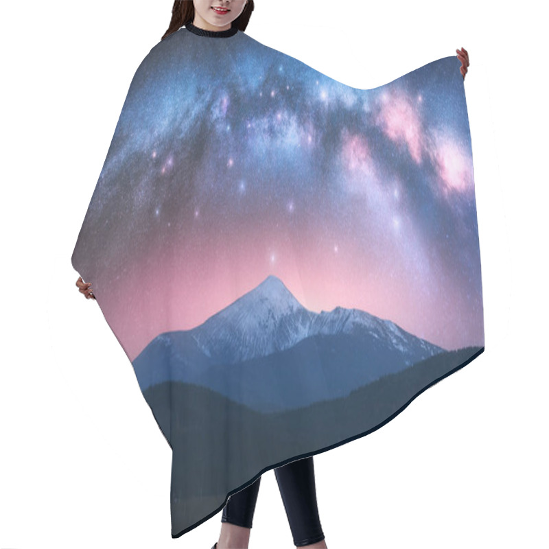 Personality  Arched Milky Way Over The Beautiful Mountains With Snow Covered Peak At Night In Summer. Colorful Landscape With Bright Starry Sky With Milky Way Arch, Snowy Rocks, Hills, Pink Light. Space. Nature Hair Cutting Cape