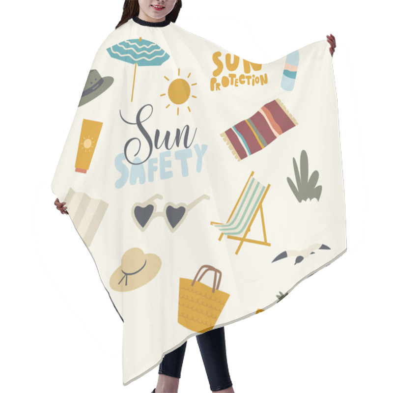 Personality  Set Icons Sun Safety Theme Beach Umbrella, Mat And Bag With Sunglasses, Sunscreen Cream Tube Or Water Bottle, Panama Hat Hair Cutting Cape