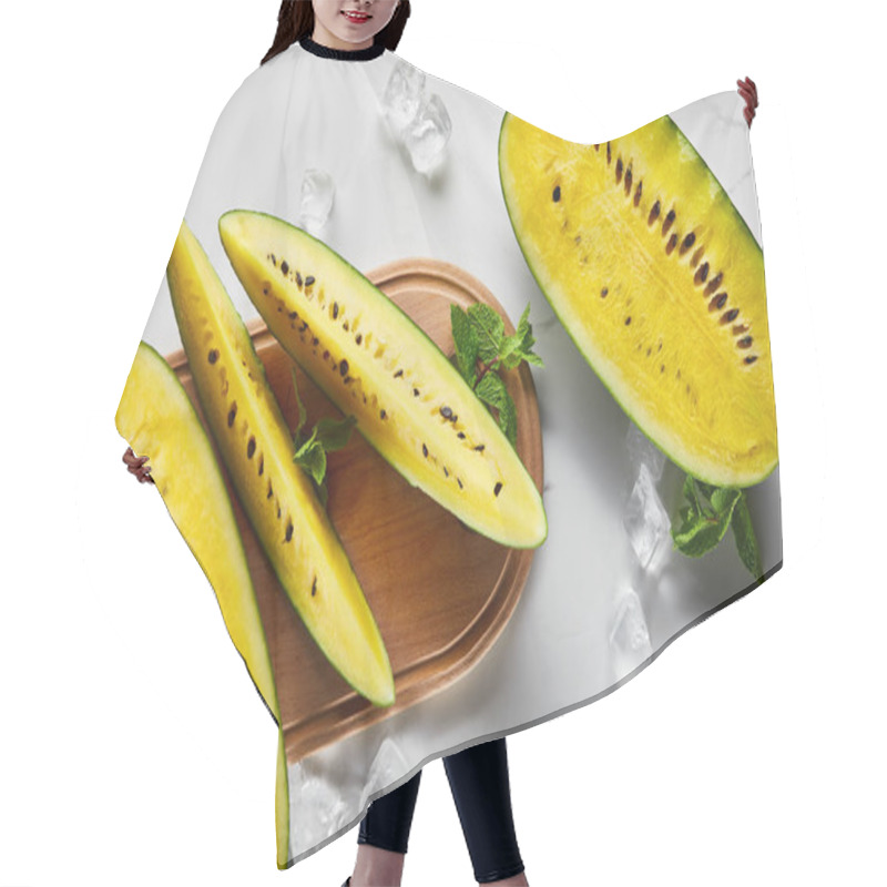 Personality  Top View Of Cut Delicious Exotic Yellow Watermelon With Seeds On Marble Surface With Mint, Ice And Wooden Chopping Board Hair Cutting Cape