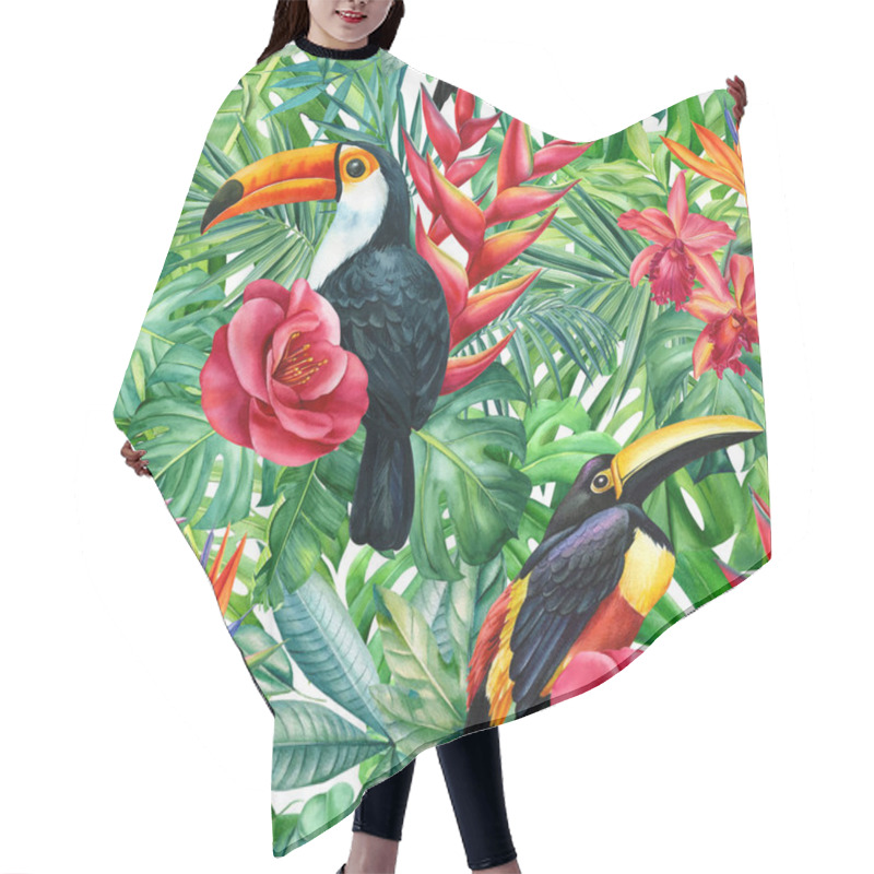 Personality  Toucan Birds And Heliconia, Camellia Flowers. Seamless Pattern Of Tropical Leaves. Jungle Background, Wild Animal Hair Cutting Cape