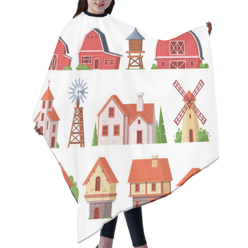 Personality  Rural Buildings. Rural Landscape Building Of Bricks And Wooden Architectural Construction For Living Or Manufacturing. Exterior Of Countryside Cottage, Church, Mill, Windmill, Well Cartoon Vector Hair Cutting Cape