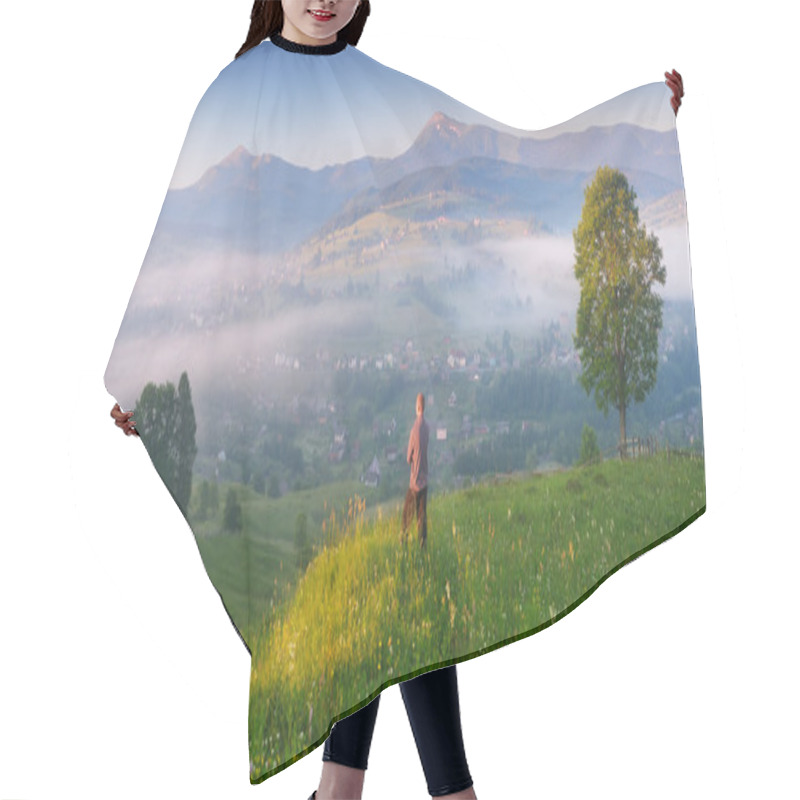 Personality  Young Man Enjoying Sunrise In The Mountain Village  Hair Cutting Cape