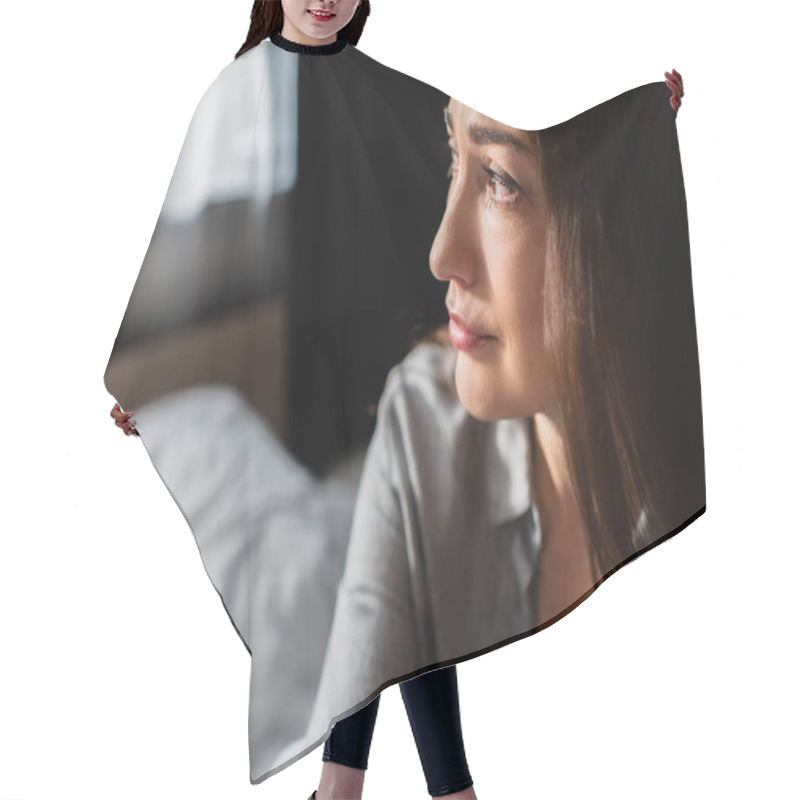 Personality  Displeased Brunette Woman Looking Away At Home  Hair Cutting Cape