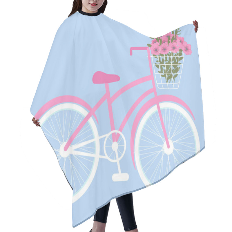 Personality  Bike With Basket Of Flowers. Bicycle With A Beautiful Bouquet Of Flowers And Green Leaves. Vector Illustration. Hair Cutting Cape