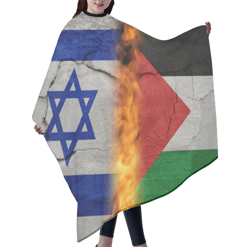 Personality  Israel Palestine War. Concept Of Crisis Of War And Political Conflicts Between Nations. Flags. Fire, Flames. Cracked Stone Background. Out Of Focus. Hair Cutting Cape