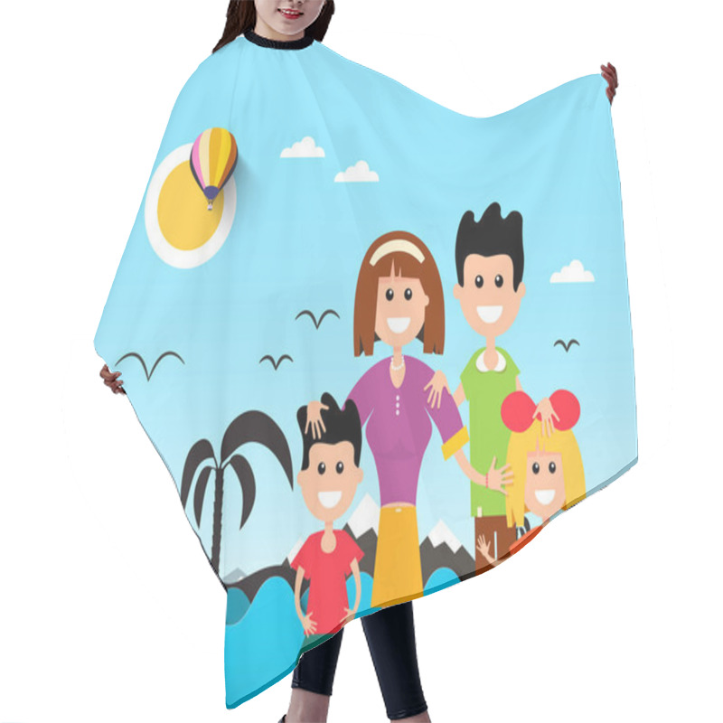 Personality  People On Beach With Ocean Waves And Palm Tre Silhouette On Background. Vector Flat Design Sea Illustration. Hair Cutting Cape