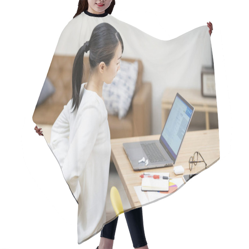 Personality  Asian Young Woman Suffering From Back Pain At Work Hair Cutting Cape