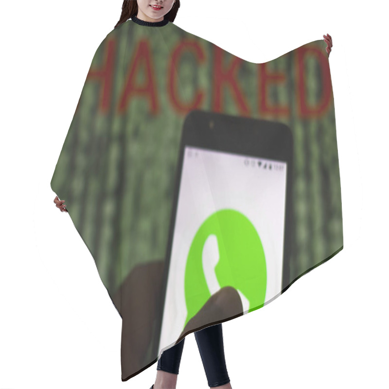 Personality  August 10, 2019, Brazil. In This Photo Illustration The WhatsApp Logo Is Displayed On A Smartphone And Red Alerting Word HACKED On The Blurred Background. Conceptual Photo For Data Breach Hair Cutting Cape