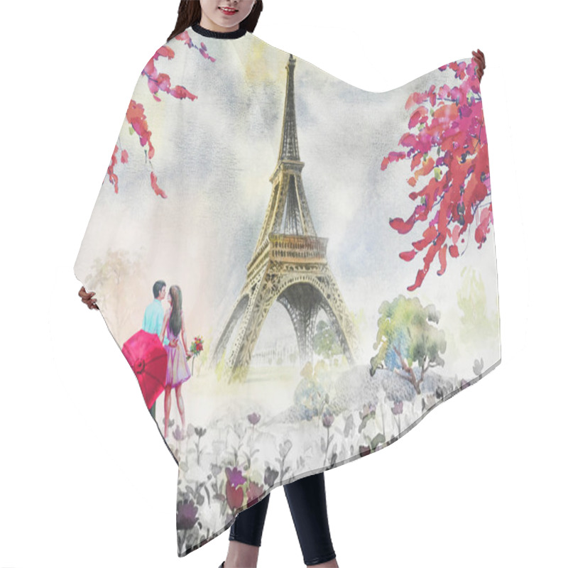 Personality  Paris European City Landscape. France, Eiffel Tower And Couple Lovers Man, Woman, Umbrella Red, Modern Art,daisy Flower Garden Trees. Watercolor Painting Illustration,wedding, Valentine Day, Greeting. Hair Cutting Cape