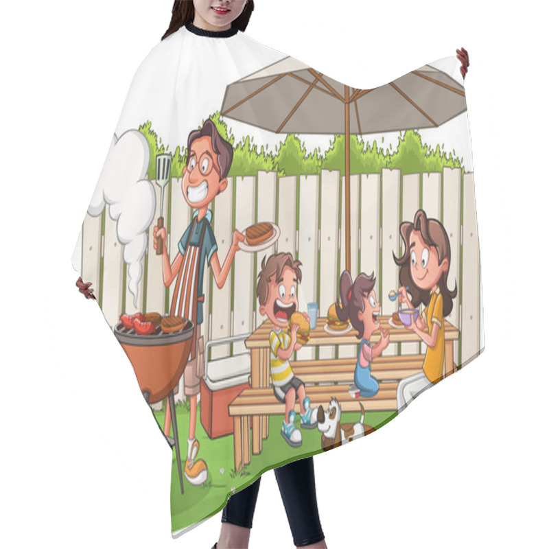 Personality  Cartoon Family Having Barbecue. Family In The Yard On A Sunny Day. Hair Cutting Cape