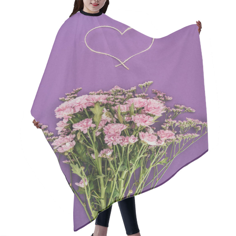 Personality  Bouquet Of Beautiful Pink Flowers And Heart-shaped Rope On Violet Hair Cutting Cape